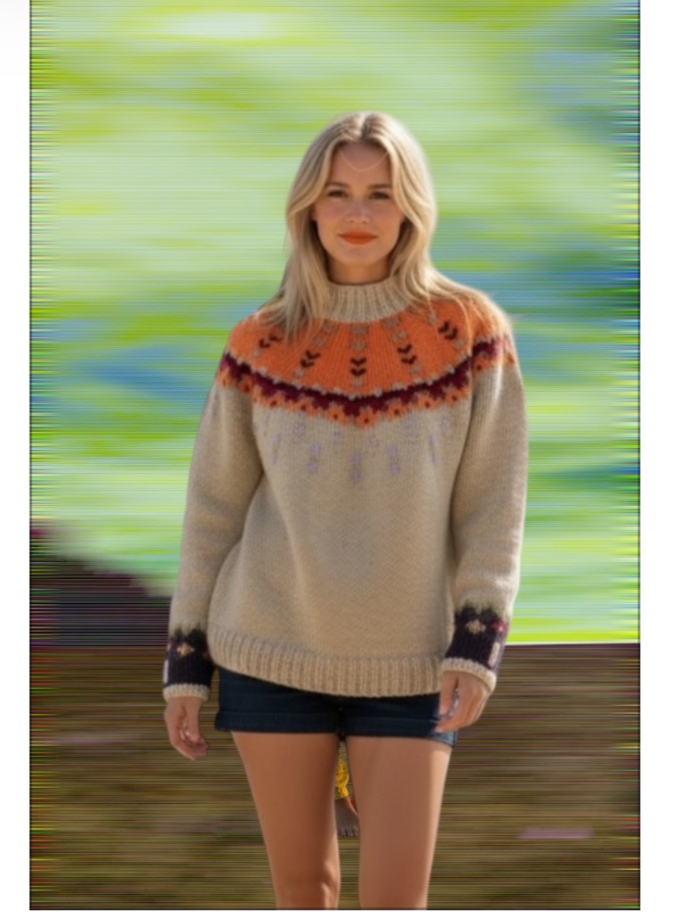 Bogner Orange and Tan Knit Sweater with Purple and Red Accents
